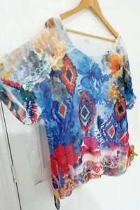 Made in Italy One Size Blau Multi Blumen Spitze Bestickt Shirt Top Lagenlook - Bild 1 von 7