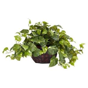 Nearly Natural Artificial Pothos Green Decorative Vase Silk Plant 15 in. Height