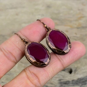 Natural Kashmir Rubi Copper Bezel Dangle Electroformed Daughter Earrings Jewelry - Picture 1 of 6