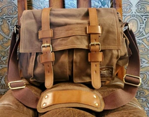 Senpiac Laptop Messenger Bag Briefcase Brown Canvas Leather Hiking Camping 12x14 - Picture 1 of 11