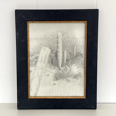 Dibujo a lápiz vintage de paisaje del desierto de cactus de Don Thomas 13x15" Foto 1 de 4
