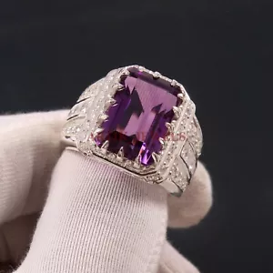 Natural Amethyst Gemstone with 14K White Gold Plated Silver Ring for Men's #3581 - Picture 1 of 15