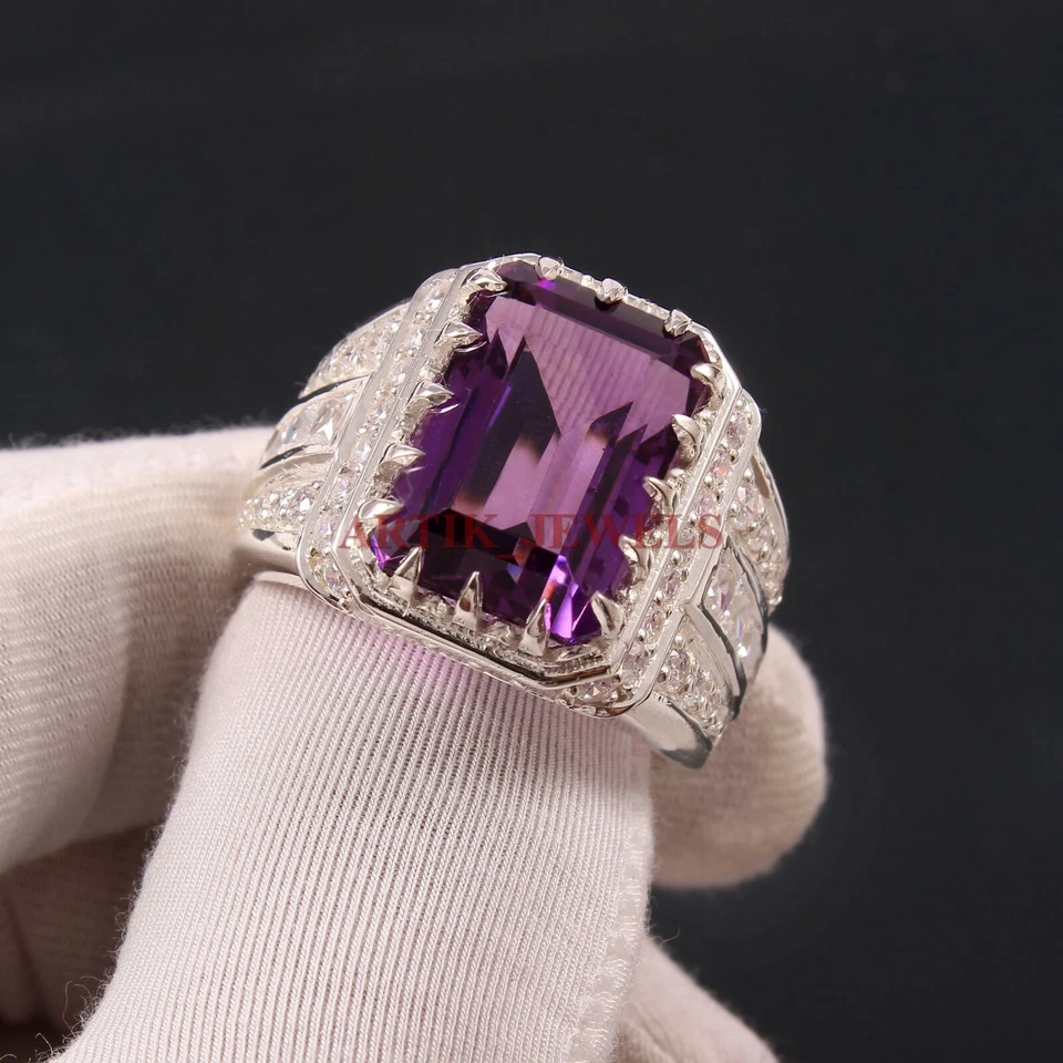 Natural Amethyst Gemstone with 14K White Gold Plated Silver Ring for Men's #3581 - Image 1 of 4