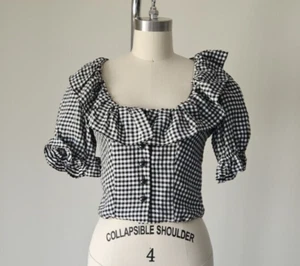 ALEXA CHUNG Cropped Gingham Black White Puff Sleeve Blouse Small UK 6 US 0 - Picture 1 of 6