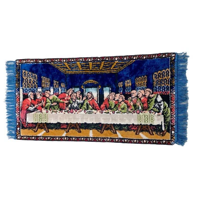 Tapiz de Terciopelo Última Cena Vintage Jesús Apóstoles Azul Rojo Verde Flecos 42 Pulgadas Foto 1 de 4