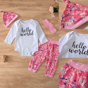 Newborn Baby Girl Letter Romper Tops Floral Pants Headband Clothes Outfits Set