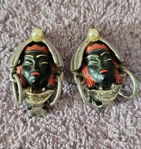 Vintage Selro Selini Blackamoor Princess Face Earrings Silver Tone w/ Faux Pearl - Picture 1 of 7