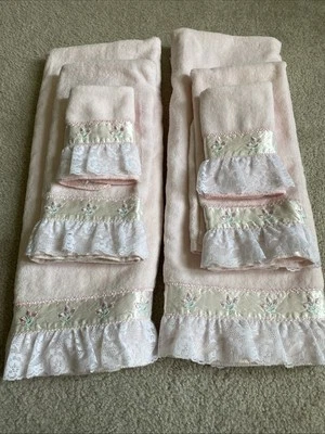 VTG After Bath Luxury J.Abouchar Pink Lace Washcloth, Hand, Bath Towel 6 Pc Set - Image 1 of 4