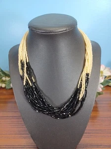 Dazzling Necklace White & Black Seed Bead Glamorous Stacked Jewelry Beautiful - Picture 1 of 6