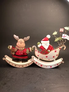 2- Metal Christmas Ornaments Santa Claus & Moose Rockers - Picture 1 of 7