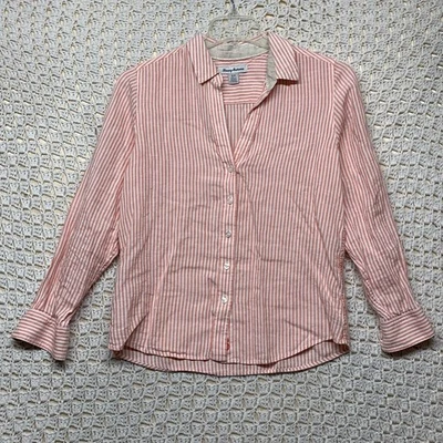 Camisa Top Tommy Bahama Mezcla Lino Talla S Salmón Blanca Rayas Abotonada Cuello en V Foto 1 de 4