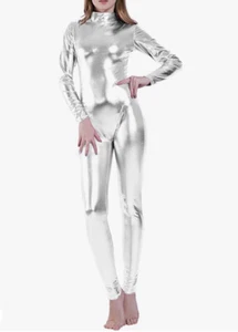 Women Shiny Metallic Jumpsuits One Piece Long Sleeve Ballet Dance Zentai Rompers - Picture 1 of 4