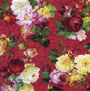 3 Servietten ~ Frühling, Blumen, Vintage-Rosen auf Rot ~ 33xx33 - Bild 1 von 3