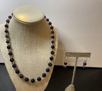 Collar de cuentas de cristal AB de piedra púrpura oscuro hecho a mano y pendientes colgantes 925 AA Foto 1 de 4