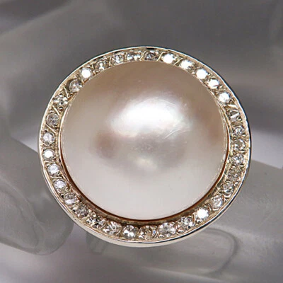 Ring mit Mabe-Perle und 8x8 Diamant in 585/14K Weißgold Handarbeit - Bild 1 von 4