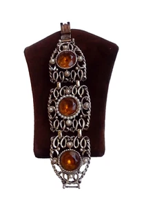 1950,s orig vint large, wide filligree articulated cuff with pearls and fab amb - Picture 1 of 4