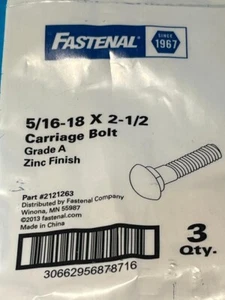5/16-18 X 2-1/2 Carriage Bolt Zinc Finish Grade A 3 Qty D26e GoingNuts - Picture 1 of 2