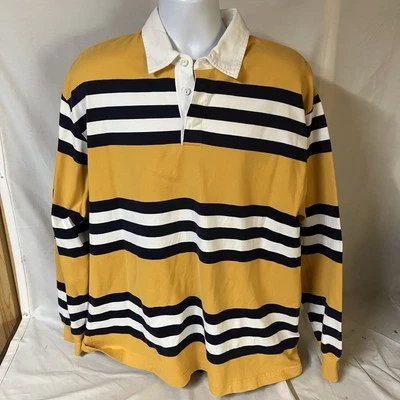 Lands End Mens Rugby Shirt XL Long Sleeve Yellow w/ Blue White Stripes Free Ship - Image 1 of 4