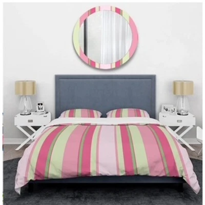 Pink Green Stripe Duvet Cover Set Queen Modern Abstract Bedding - Image 1 of 4