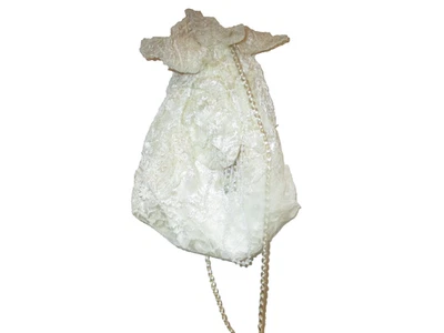 Vintage Ivory Lace Beads Satn Rose Drawstring Purse Edwardian Style Purse - Image 1 of 4