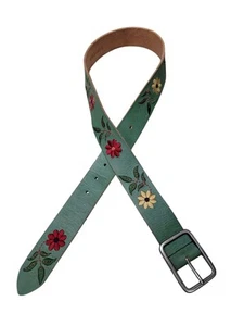 Linea Pelle Green Embroidered Handmade Leather Belt BOHO Women M Medium 1.5" - Picture 1 of 4