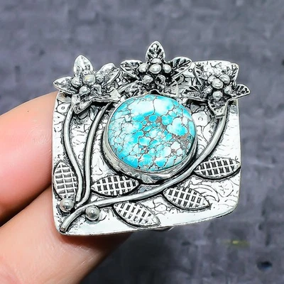Anel tibetano de prata esterlina 925 feito à mão com pedra preciosa turquesa tamanho 8 U017 - Imagem 1 de 3