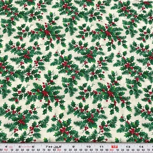 Vintage Cranston Holly Leaves & Berries Off White Cotton Fabric Remnant 15 x 44 - Picture 1 of 3