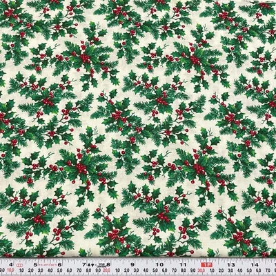 Vintage Cranston Holly Leaves & Berries Off White Cotton Fabric by the HALF YARD - Image 1 of 2