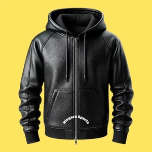 Herren Schwarz Leder Hoodie Handarbeit Echt Lammleder Reißverschluss Leder Hoodie - Bild 1 von 3
