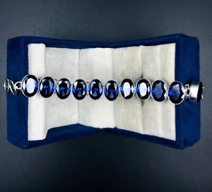 925 Sterling Silver Oval Blue Tanzanite Gemstone Handmade Jewelry Chain Bracelet - Picture 1 of 7