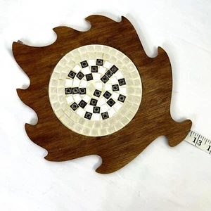 Vintage Mosaic Trivet Brown Wood & Tile Maple Leaf Cutout 12" x 10" Cheese Tray - Picture 1 of 9