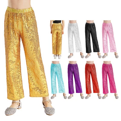 Kids Girls Dance Performance Trousers Sparkle Pants Sequins Streetwear Loose - Image 1 of 4