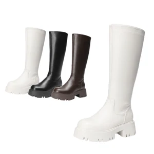 Women Platform Low Chunky Heel Round Toe Knee High Boots Side Zipper Combat Boot - Picture 1 of 24
