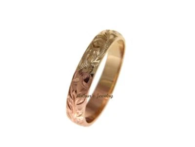 14K YELLOW ROSE GOLD CUSTOM HAND ENGRAVED HAWAIIAN SCROLL MAILE RING 4MM - Image 1 of 4