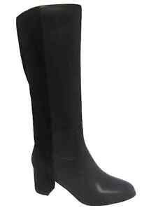 Spot On Black Contrast Faux Leather/Suede Block Heel Long Boots UK 3 RRP £52