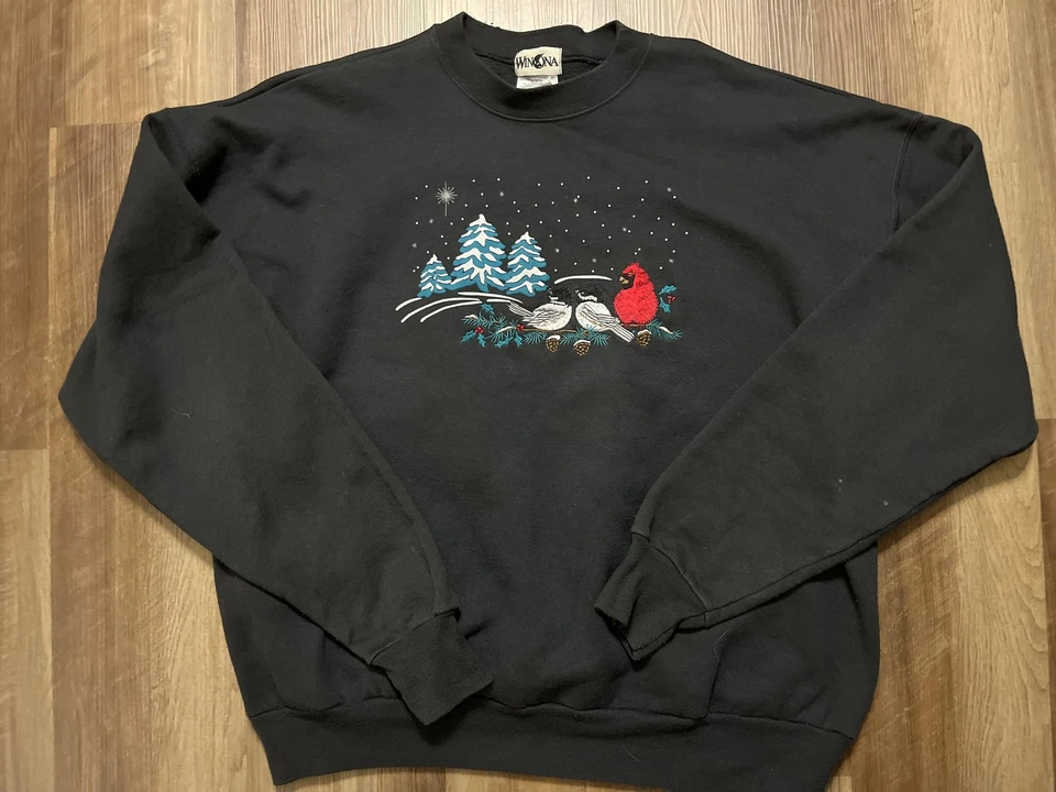 Winona 卫衣 2XL 黑色刺绣红衣主教鸟冬季圆领雪 — 第 1/4 张图片