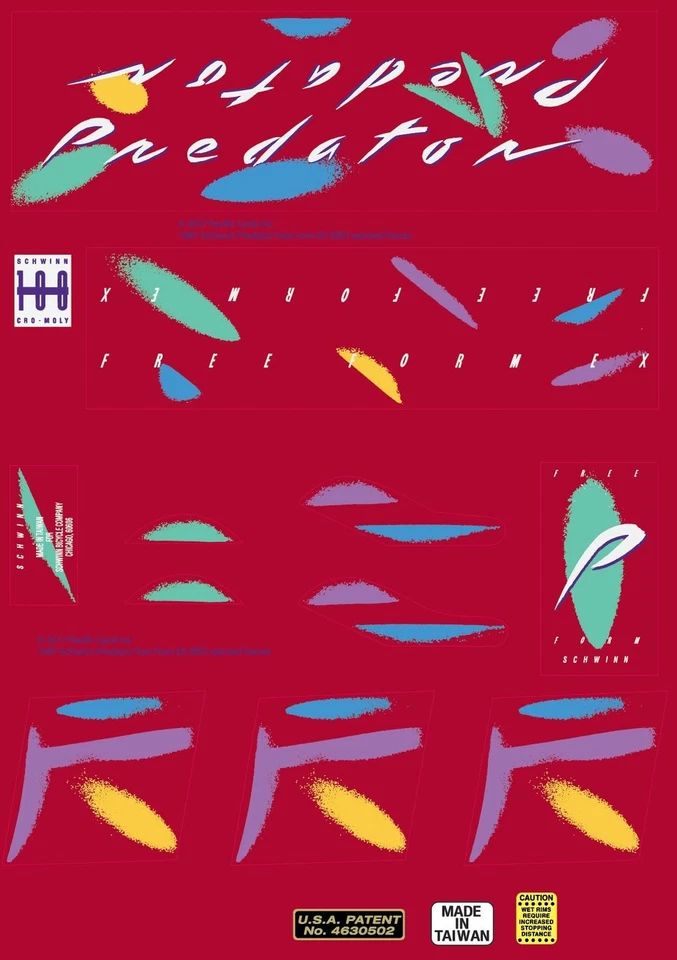 Schwinn 1987 Predator Free Form EX old school BMX bicycle decal set  for RED - Image 1 of 1