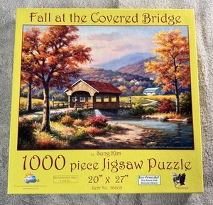 SunsOut 20"x27" 1000 Piece Jigsaw Puzzle - Fall at the Covered Bridge ~ Sung Kim - Picture 1 of 9
