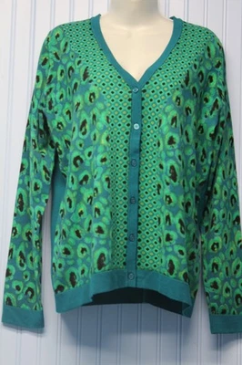 Isaac Mizrahi Live! Cárdigan Suéter Mezcla Algodón Verde Azulado Estampado Abstracto Cuello en V M Foto 1 de 3