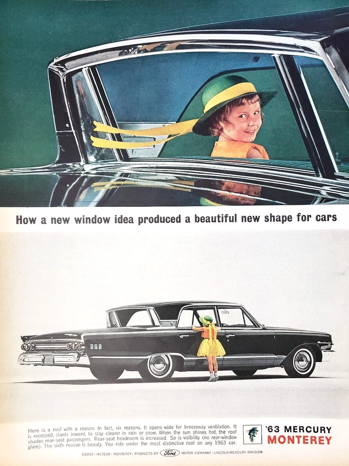 PRINT AD 1963 Mercury Monterey 1962 Rear Window Opens Little Girl Hat w Ribbon - Image 1 of 1