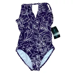 New Aqua Green Purple/White Floral patterned Keyhole One piece Swimsuit Women L - Picture 1 of 9