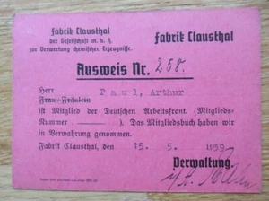 Werksausweis Sprengstoff - Fabrik CLAUSTHAL / Harz 1939 / Werk Tanne - Bild 1 von 1