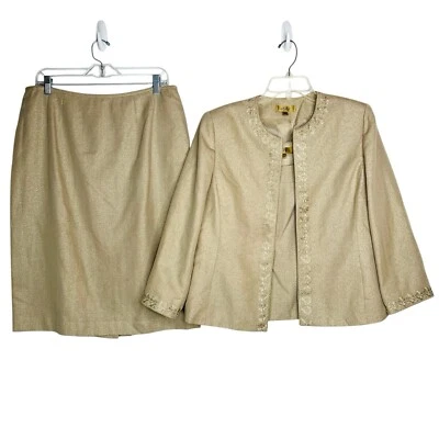 KASPER Polyester Rayon Metallic Skirt Suit Top 12 Gold Shimmer Open Front 3PC - Image 1 of 4