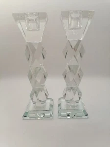 British Vintage Crystal Glass ~ Square Based Diamond Shaped Pillar Candlesticks - Picture 1 of 6