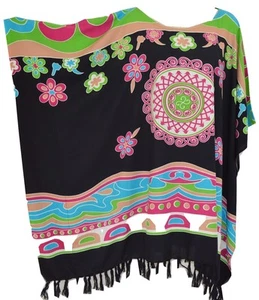 Vibrant ABSTRACT kaftan Medallion Flower Fringes Top Poncho Exotic Batik Tye Dye - Picture 1 of 1