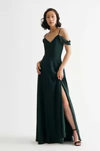 TOBI Emerald Cold Shoulder High Slit Maxi Dress Draped Sleeves Size Small P - Picture 1 of 11