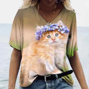 18-20/Plus size Modern 3D Print Field Cat T-Shirt Short Sleeve Loose Top Blouse - Picture 1 of 2