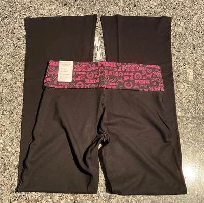 NEW VS PINK LIMITED EDITION FOLD OVER FLARE LEGGINGS BLACK/PINK ACCENTS - Image 1 of 4