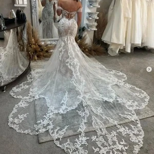 Off Shoulder Mermaid Wedding Dress Lace Beaded Cathedral Train Beach Bridal Gown - Picture 1 of 8