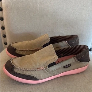 Crocs Women’s Walu Canvas Slip On Loafers Tan Pink Size 9 - Picture 1 of 8